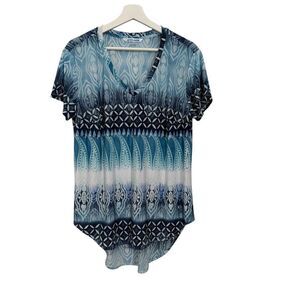 Nygard Blue V-neck Geometric Hi-lo Shirt Top size Medium